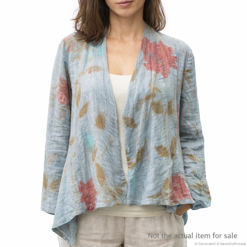 Italian Linen Light Blue Floral Jacket S Boho Art Jacket